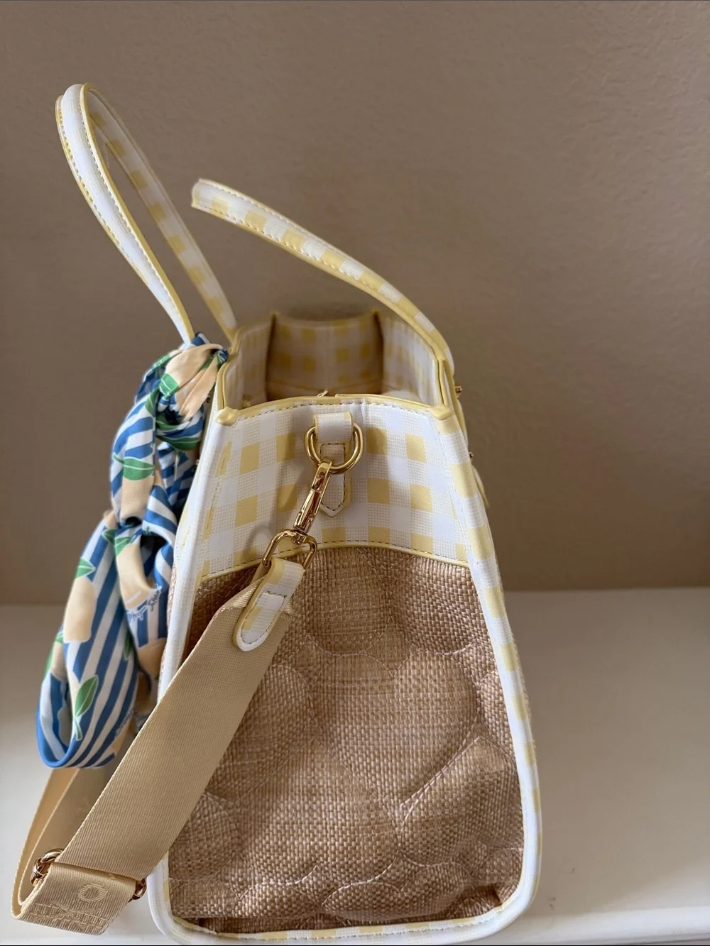 Betsy Johnson Yellow Check & Straw Tote Bag with Blue Lemon Scarf